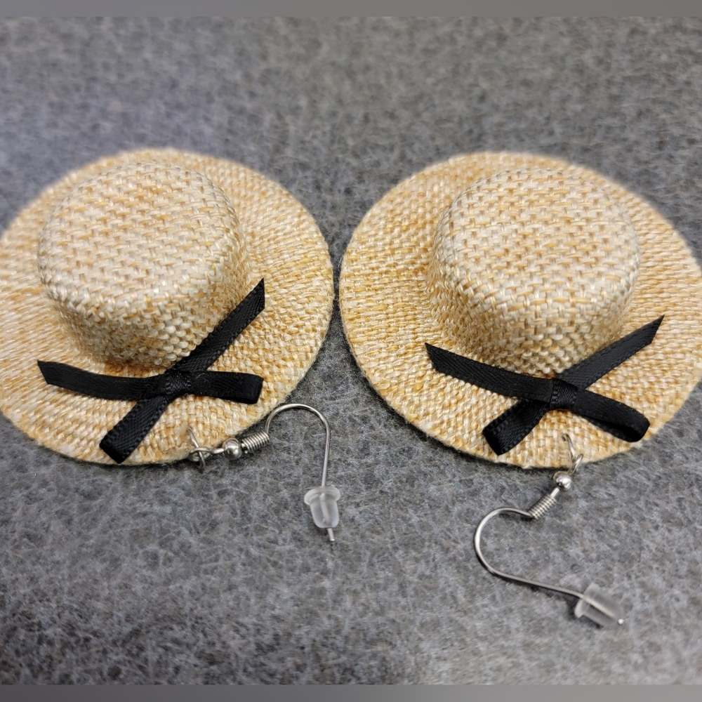 Cute Black Bow Straw Hat Dangle Earrings